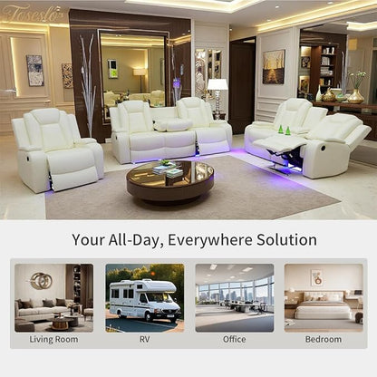 Toseslo Living Room Furniture Sets, Power Recliner Sofa Set with LED Light, Black Leather Sofa and 2 Chairs Set, Modern Power Reclining Sets with Storage Console for House,Creamy White