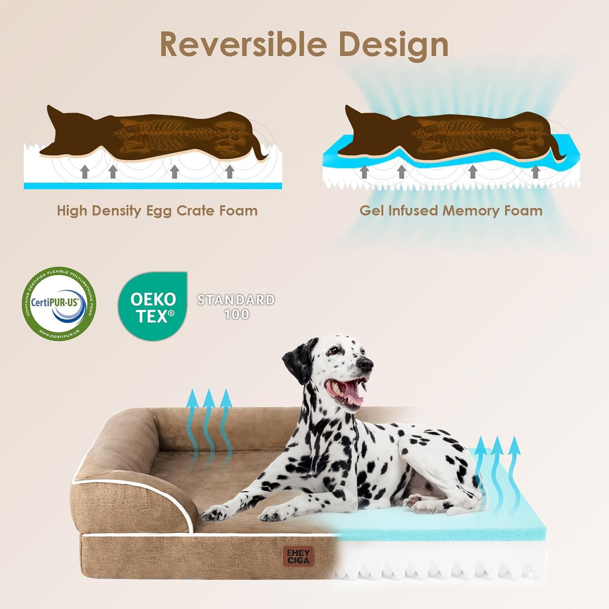EHEYCIGA Orthopedic XL Dog Beds, Waterproof Memory Foam Dog Bed for Extra Large Dogs, Non-Slip Bottom and Egg-Crate Foam Big Pet Couch Bed with Washable Removable Cover, Camel