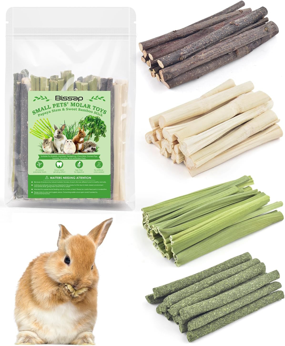 Bissap 60 PCS Rabbit Chew Sticks, Sweet Bamboo Timothy Hay Chew Stick Papaya Stems Apple Branch Bunny Chews for Rabbit Hamster Chinchilla Guinea Pig Small Pet Natural Molar Treats