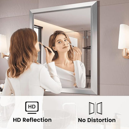 Amorho Bathroom Mirror, 28x32 Inch Silver Thick Metal Framed Wall Mirrors