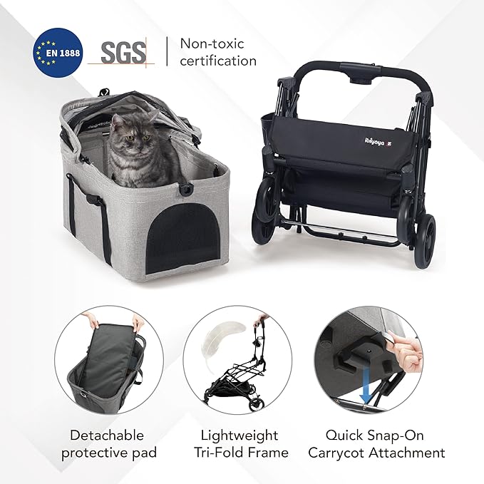 ibiyaya Essential – Travois Tri-Fold Pet Travel System for Medium Dogs, Cats, and More, 3 in 1 Dog Stroller with Detachable Carrier, XL Cabin (Taupe Gray)