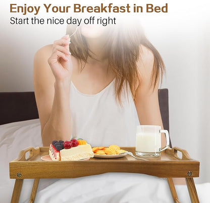 Utoplike Acacia Bed Tray Table for Eating, Large Breakfast Tray with Folding Legs, Wood Serving Trays for Laptop Working