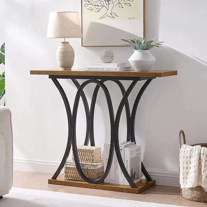 BedsPick Entryway Console Table, 40 Inch Narrow Wood Hallway Table Foyer Table Behind Couch, Sofa Table with Metal Legs and 1.18 Thick Board (Brown)
