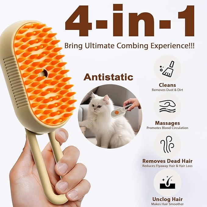 Cat Steam Brush for Shedding, 2025 New 4 in 1 Rechargeable Steam Pet Brushes for Cats & Dogs, Indoor Anti-static Pets Brush for Massage, Cleaning, Shedding & Combing Hair (Beige)