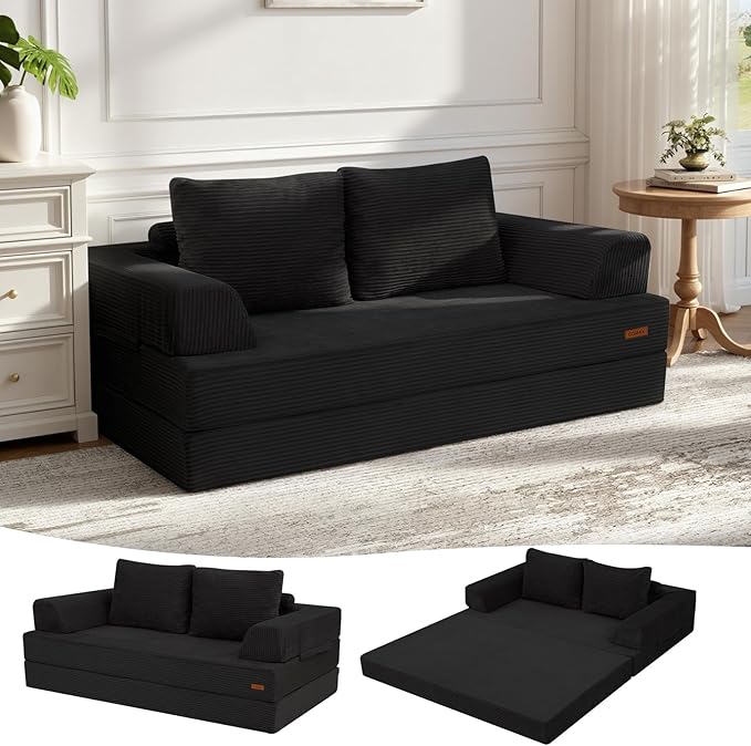 COMAX Convertible Sofa Bed – Folding Floor Couch Loveseat with Corduroy Cover & Pillows, Black | Multi‑Mode Lounger, Futon Sleeper Mattress for Living Room & Bedroom