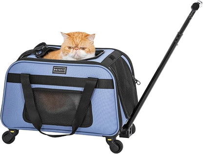Petsfit Pet Carrier with Wheels, Rolling Cat Carrier for Small Cats, Airline Approved Pet Carrier with Telescopic Handle Perfect for Travelling Under 13lb,Blue