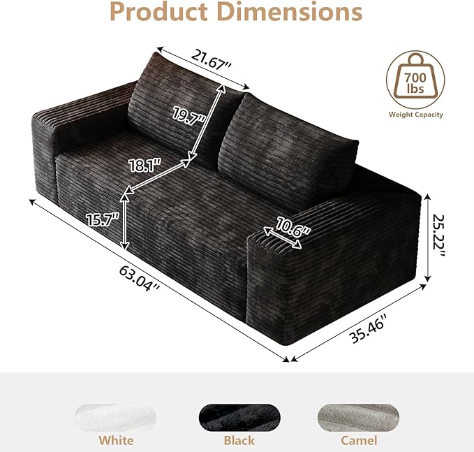 Cloud Loveseat Sofa, Modern Corduroy 2-Seater Couch with Deep Seat, No Assembly Required Memory Foam Sofa, Boneless Sofa in a Box for Bedroom, Apartment, Office,Small Space (Black,63in)