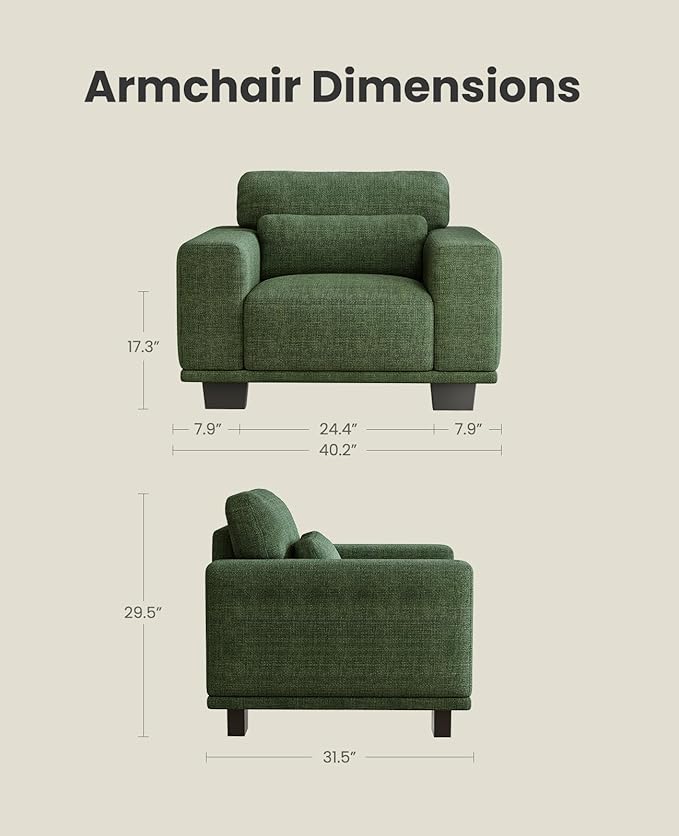AMADA HOMEFURNISHING 40" Living Room Chairs,Reading Chair，Accent Chair,Small Sofa Couch for Bedroom，Oversize Mid-Century Armchair with Deep Seat，Comfy Sofa,Olive Green