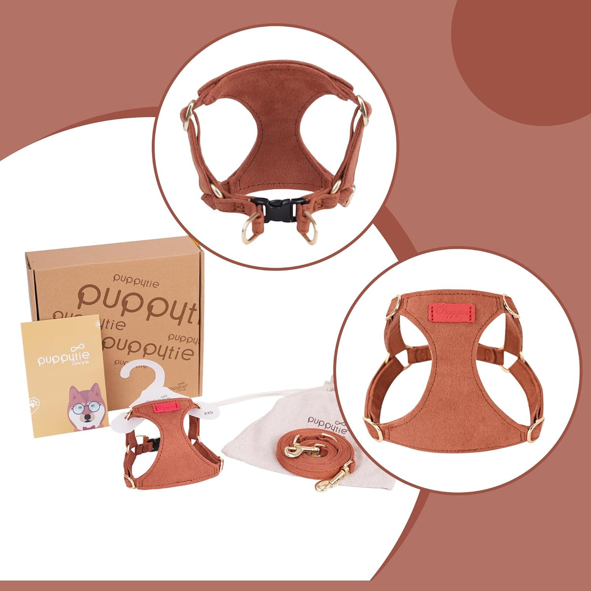 Puppytie No Pull XXS Puppy Harness with Multifunction Dog Leash,Soft Adjustable No Choke Escape Proof Pet Harness Vest,Brown Caramel,XXS