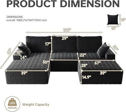 108" U Shaped Sectional Couch with Ottoman, Corduroy Modular Sectional Sofa with Deep Seat, Modern Modular L-Shape Sofa Couch with Chaise,Upholstered Boneless Couches for Living Room Bedroom