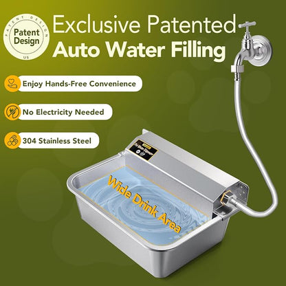 Automatic Water Dispenser for Dogs 2 Gallons, 304 Stainless Steel Dog Water Bowl Dispenser for Farm Chicken Pets Indoor&Outdoor Dog Waterer Feeder Fit 3/4'' GHT Faucet Auto Filling Wide Drinking Area
