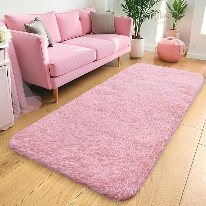 OLANLY 2x4 Machine Washable Runner Rugs for Hallway, Soft Fluffy Shaggy Bedside Rugs for Bedroom, Living Room, Indoor Floor Carpet for Kids Girls and Boys, Nursery Rooms, Home Decor Aesthetic, Pink
