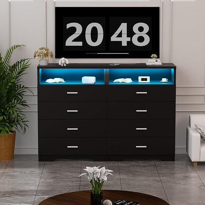 Dresser with Power Outlets and LED Lights Wooden 4 Drawer Dresser with Large
