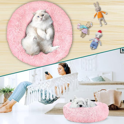 PetAmi Calming Dog Bed for Small Medium Dog Cat, Round Donut Dog Bed Washable, Fluffy Faux Fur Plush Cuddler Pet Kitten Cushion Bed, Anti-Slip, Fits up to 45 lbs, 30 inch, Pink