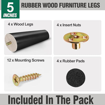 FoDau770 Black Rubber Wood Furniture Legs 5 Inches, Slant Tapered Wood Feet Mid Century Sofa Legs Set of 4, 5/16" UNC Furniture Feet Replacement Parts for Cabinet Couch Dresser Chair Ottoman Table