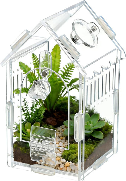 House-Shaped Acrylic Insect Terrarium & Reptile Habitat Kit - Multi-Purpose Bug Enclosure for Jumping Spiders, Praying Mantises & Frogs - Clear Acrylic Insect Cage with Ventilation, Easy Maintenance