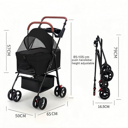 Pet Stroller Pram Dog Carrier Trailer 4 Wheels Foldable Dog with Storage Basket,Holds up to 44 lbs,Adjustable Handle,Folding Travel Stroller Suitable for Traveling with Cats and Dogs (Black)