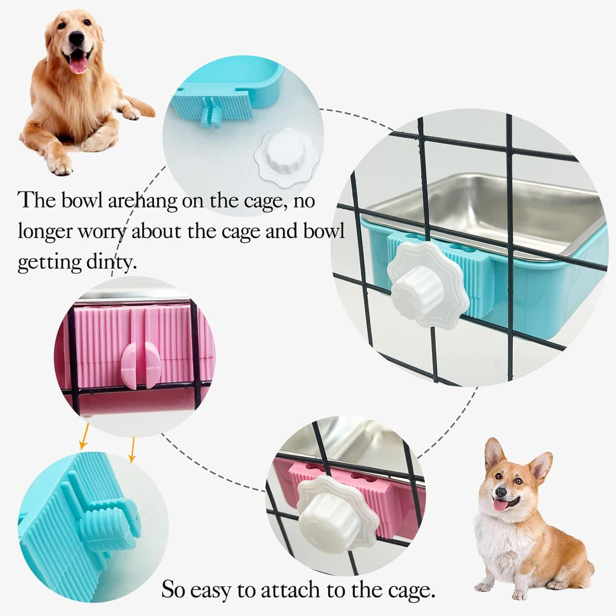 kathson Crate Dog Bowl, Removable Stainless Steel Hanging Pet Kennel Cage Bowl Food & Water Feeder Coop Cup for Puppy, Cat, Rabbit,Guinea Pigs 3pcs Square(Blue,Green,Pink)