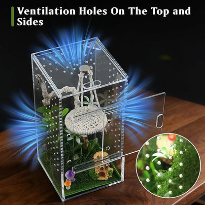 Jumping Spider Enclosure Kit, Small Acrylic Reptile Terrarium with Magnetic Door, Bug Habitat with 30 Pcs Jumping Spider Accessories for Tarantula, Mantis, Small Reptiles, 4" x 4" x 8"