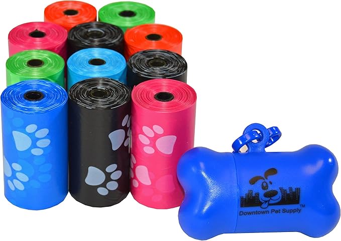 Downtown Pet Supply Poop Bags for Dogs with Dispenser, 220 Count - Leak-Proof Dog Waste Bags and Bone-Shaped Dog Poop Bags Holder for Leash - Rainbow with Paw Prints, 12.5" x 8.5"