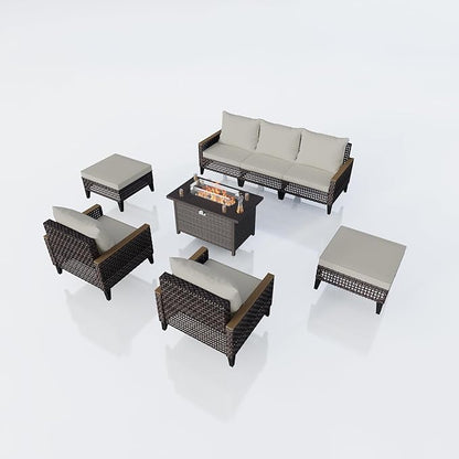 8 Pieces Outdoor Furniture Set, Modern Patio Conversation Sets with Fire Pit Table and Armchairs, Wicker Rattan Sofa Couches Chairs Ottomans for Porch, Deck, Balcony, Backyard, Yard (Beige Cushions)