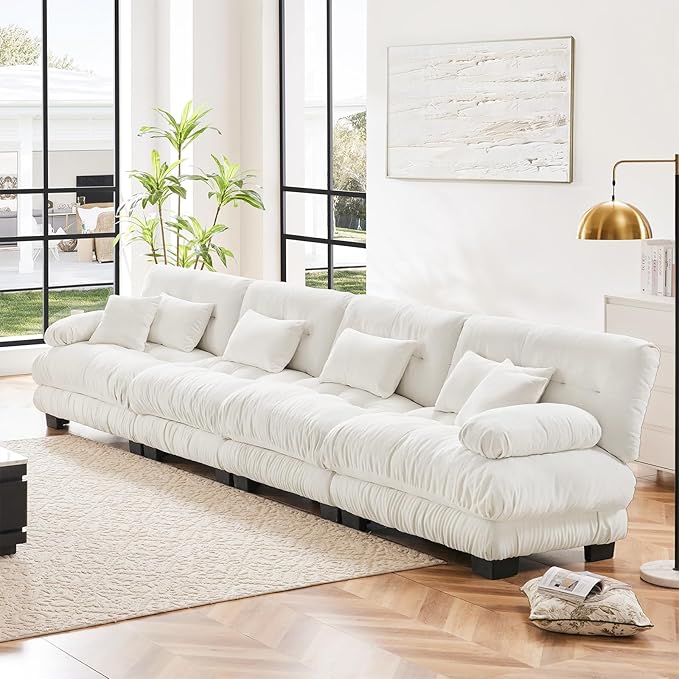 173.2" Oversized Couch, 4 Seater Modular Sectional Sofa, White Sectional Fluffy Couch Set, Chenille Cloud Couch with 6 Pillows, Deep Seat Sofas for Living Room