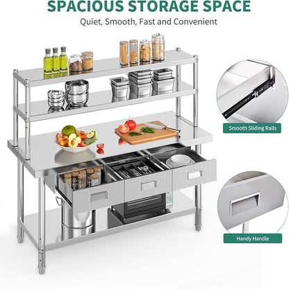 YITAHOME 60" X 24" NSF Stainless Steel Table with Overshelves and 3 Drawers, Work Table with 60" X 12" Shelf & 3 Drawers, Metal Table Prep Table for Commercial Home Kitchen Restaurant Garage Warehouse
