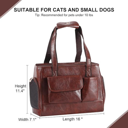 Dog Carrier Purse, Fashion Leather Pet Carrier Bag, Airline Approved Soft Sided Cat Travel Tote Bag with Pockets Coffee