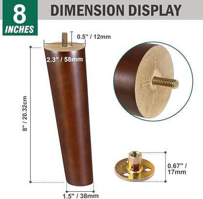 FoDau770 Brown Rubber Wood Furniture Legs 8 Inches, Slant Tapered Wood Feet Mid Century Sofa Legs Set of 4, 5/16" UNC Furniture Feet Replacement Parts for Cabinet Couch Dresser Chair Ottoman Table