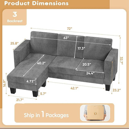 VICTONE Convertible Sectional Sofa Couch, 3 Seat L-Shaped Sofa with Linen Fabric Ottoman Small Couch for Small Apartments, Living Room and Office (Corduroy, Gray)