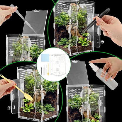 Jumping Spider Terrarium, Complete Acrylic Habitat Kit with Dual Doors, Feeding Tools for Spiders, Tarantulas, Mantis, Small Reptiles, 4.7x4.7x7.9 Inch