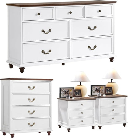 24" Wide Farmhouse Nightstand Set of 2, 54" 7 Drawers Dresser, 37" Tall Rustic Chests of Drawers w/ 4 Solid Wood Feet, Farmhouse Furniture Series for Living Room,Bedroom,White