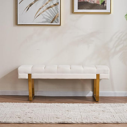 AIITTCC Velvet Ottoman Bedroom Bench, 46.5" Tufted Padded End of Bed Bench with Gold Legs, Upholstered Shoe Bench for Living Room Entryway Window (Ivory White, 46" Wide)