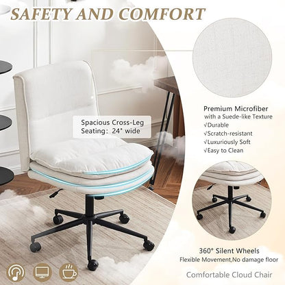 VINGLI Cloud Criss Cross Legged Chair,18" High Back Armless Home Office Desk Chair with Wheels,Wide Adjustable Comfy Padded Seat Task Computer Chair,Modern Swivel Makeup Vanity Chair,Fabric,Beige