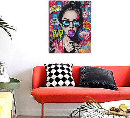 Fashion Women Wall Art Glam Modern Artwork for Girls Banksy Street Graffiti Pop Art Canvas Pictures Painting Print Framed Decorations Gifts for Bedroom Living Room Office 16"x20"