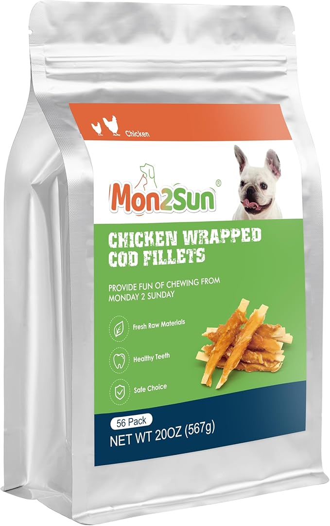 MON2SUN Rawhide Free Dog Treats, 4 Inch Chicken Wrapped Cod Fillet Dog Snacks for Small Dogs, Soft and Training Treats, 20oz (56 Count-Pack of 1)