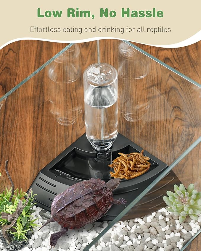 Pawfly Reptile Water Bowl, Tortoise Water Dish, Bearded Dragon Water Bowl, Reptile Food Feeder, Automatic Water Dispenser, Feeding Accessories for Turtle, Gecko, Lizard & Chameleon, Black