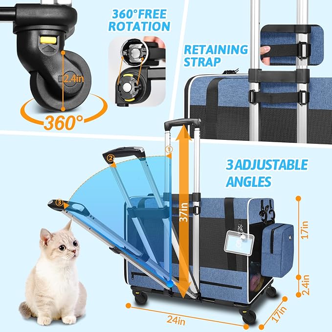 Petskd Extra Large Cat Carrier with Wheels and Litter Box 24"x17"x17" for Large Cat or 2 Small Cats, Collapsible Soft Sided Pet Carrier for Car Travel with Lockable Safety Zippers(Blue)