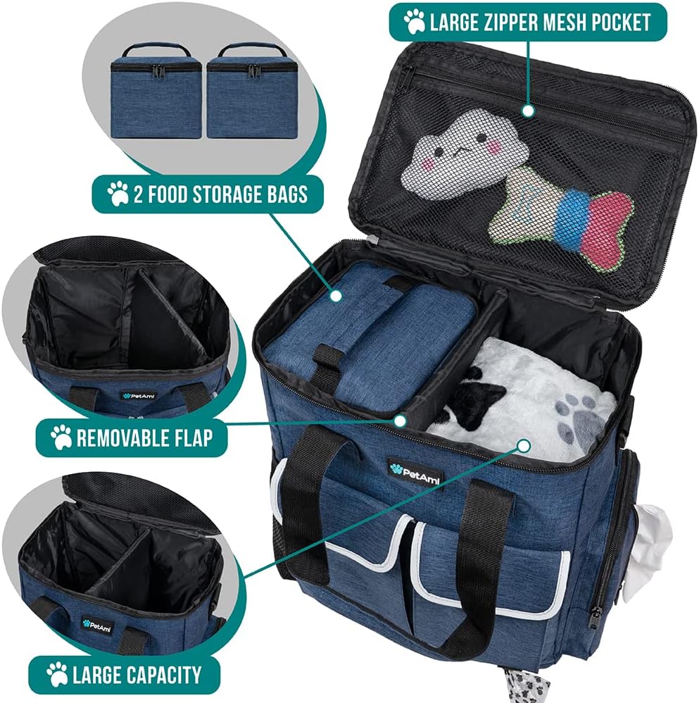 PetAmi Dog Travel Bag Pet Supplies Accessories Organizer for Traveling, Camping, Weekend; Cat Pet Travel Bag Kit Includes 2 Food Storage Containers, 2 Collapsible Bowls, 1 Feeding Mat (Navy Blue)