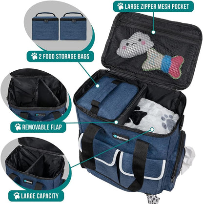 PetAmi Dog Travel Bag Pet Supplies Accessories Organizer for Traveling, Camping, Weekend; Cat Pet Travel Bag Kit Includes 2 Food Storage Containers, 2 Collapsible Bowls, 1 Feeding Mat (Navy Blue)
