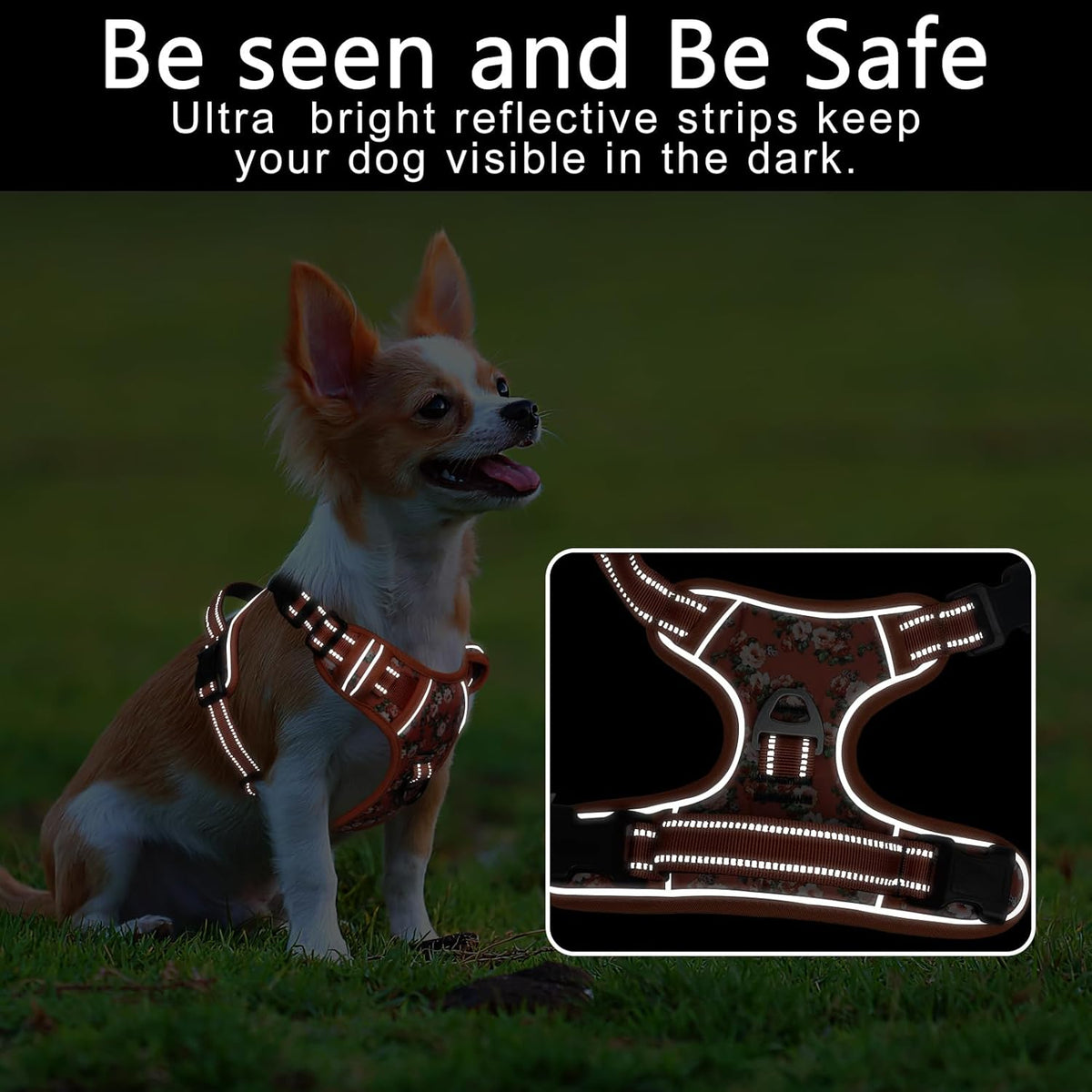 Timos Dog Harness, No Pull Dogs Harness 3 Snap Buckles Adjustable Reflective No Choke Pet Vest for Small Dog with Soft Padded Control Training Handle for Outdoor Training,Flower Orange, XS