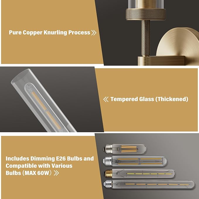 Brass Wall Sconce, 30" Knurling Sconces,Bathroom Vanity Light Fixtures, Modern Wall Lights for Mirror Living Room, Bathroom, Hallway,Staircase (1 Pack)