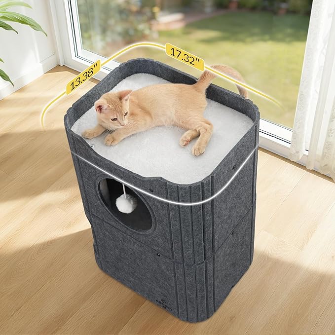 Cat House for Indoor Cats Large Cat Bed Cave 2-Storey Cats Condo with Cozy Felt Covered Hideaway for Multiple Pets Dark Grey