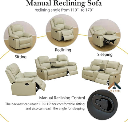 JBXBER Manual Recliner Sofa Set for Living Room, Leather Reclining Sofa Sets, Faux Leather Couch Set with Cup Holders, Drop-Down Table and Storage Console(Sofa and Chair,Beige)