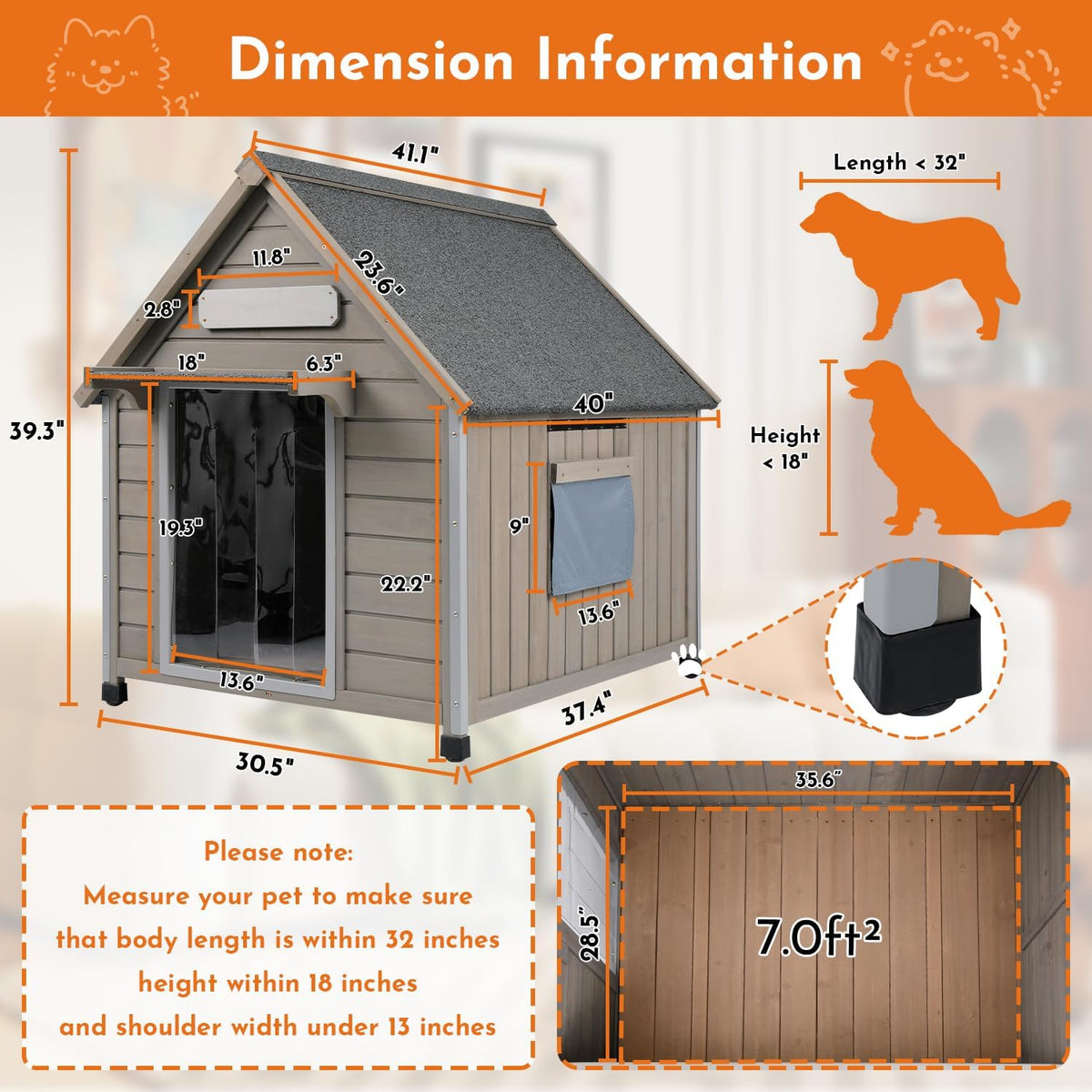 Outdoor Dog House Weatherproof Large Wooden Dog Kennel Indoor for Small Dogs with Chew-Proof Frame, Oxford Fabric Window, Removable Floor Pet Shelter (Grey, 30.5" D x 37.4" W x 39.3" H)
