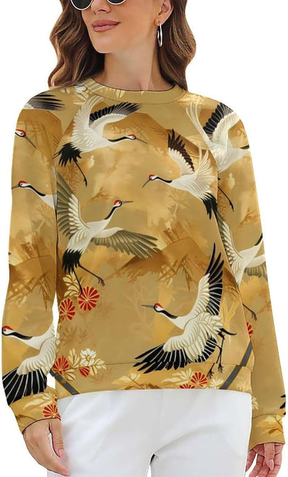 Womens Long Sleeve Tops Y2k Japanese Art Print Sweatshirts Fall Pullover for Women Crewneck Vintage Shirts Boho Tops