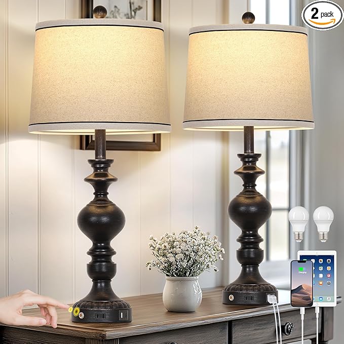 28" Black Farmhouse Table Lamps Set of 2, Rustic Lamp for Living Room with USB C+A Ports & AC Outlet, 3 Way Touch Control Resin Bedside Lamps, Retro Bedroom Lamp for Nightstand Side End Table Desk