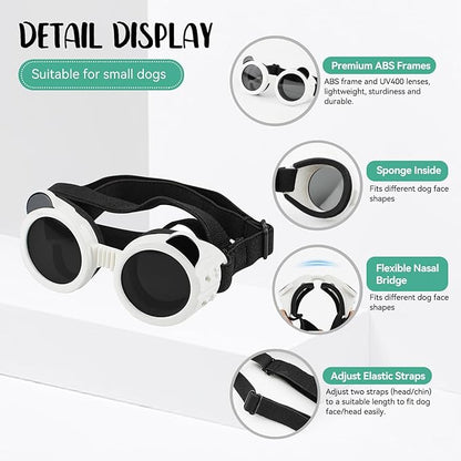 Dog Sunglasses for Small Breed, Small Dog Goggles for Puppy Cats, Goggles Eye Protection Windproof Dustproof Anti-UV with Adjustable Straps Pet Glasses Outdoor, Black-White