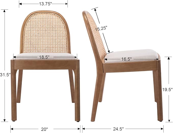 DUOMAY Mid-Century Modern Rattan Dining Chairs Set of 6, Wooden Dining Room Chair with Cane Backrest and Padded Seat, Linen Upholstered Dining Chair, Natural Finish, Beige