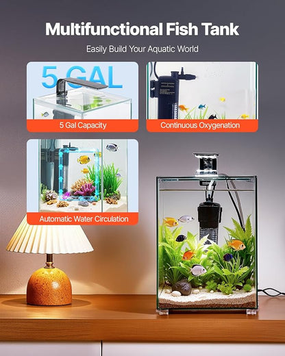 VEVOR Fish Tank Aquarium, 5 Gallon Square Ultra-Clear Glass Starter Smart Tank Adjustable 3 Color Lighting, Self Cleaning System Fishbowl for Freshwater & Saltwater Fish Home, Office, or Pet Use